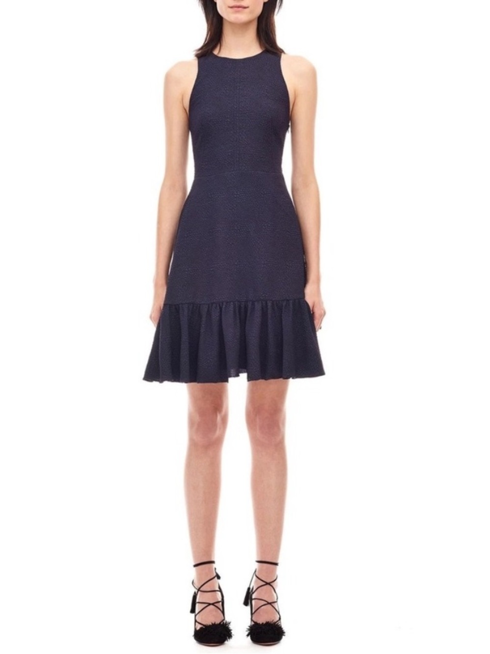 Rebecca Taylor Navy Blue Sleeveless Textured Ruffle Low Back Cocktail Dress Sz 4